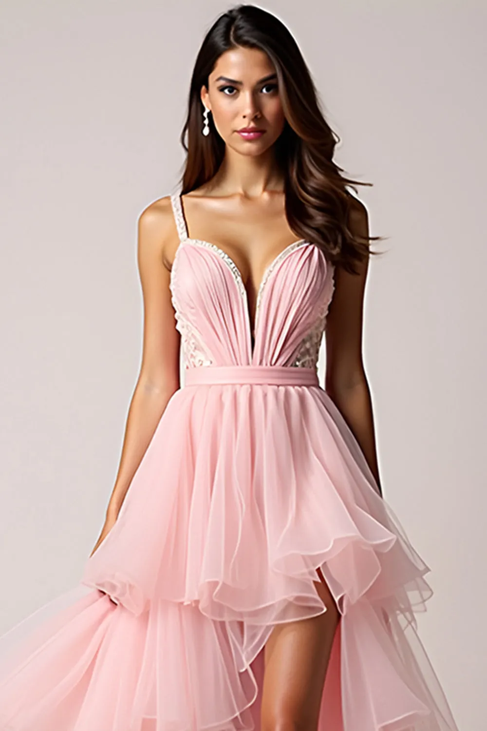 Blush Pink A-Line Spaghetti Straps Ruffles Pleated Tulle High-Low Prom Dress sold by Zapaka product image thumbnail 4