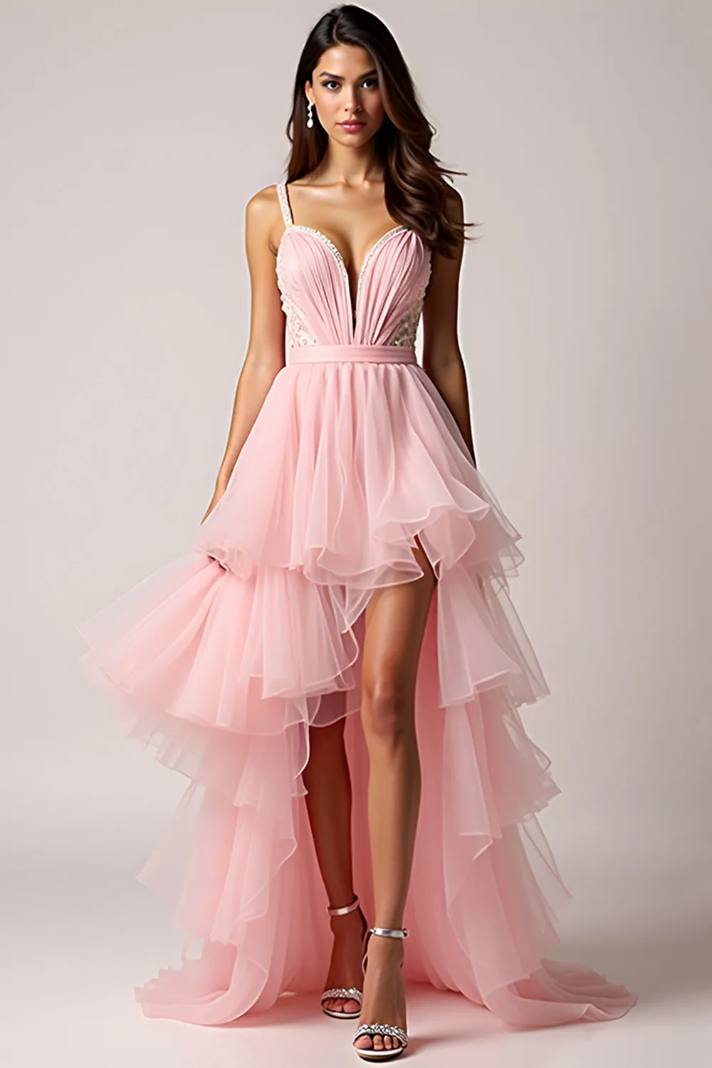 Blush Pink A-Line Spaghetti Straps Ruffles Pleated Tulle High-Low Prom Dress sold by Zapaka
