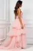 Blush Pink A-Line Spaghetti Straps Ruffled Tulle Long Prom Dress with Appliques sold by Zapaka