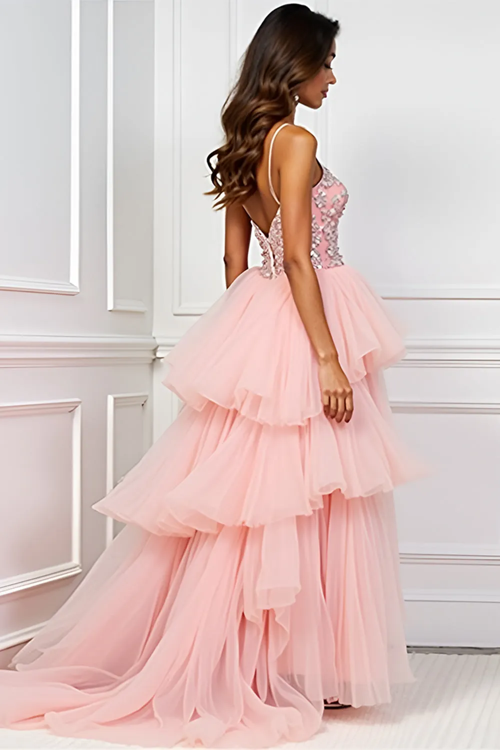 Blush Pink A-Line Spaghetti Straps Ruffled Tulle Long Prom Dress with Appliques sold by Zapaka product image thumbnail 2