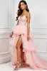 Blush Pink A-Line Spaghetti Straps Ruffled Tulle Long Prom Dress with Appliques sold by Zapaka