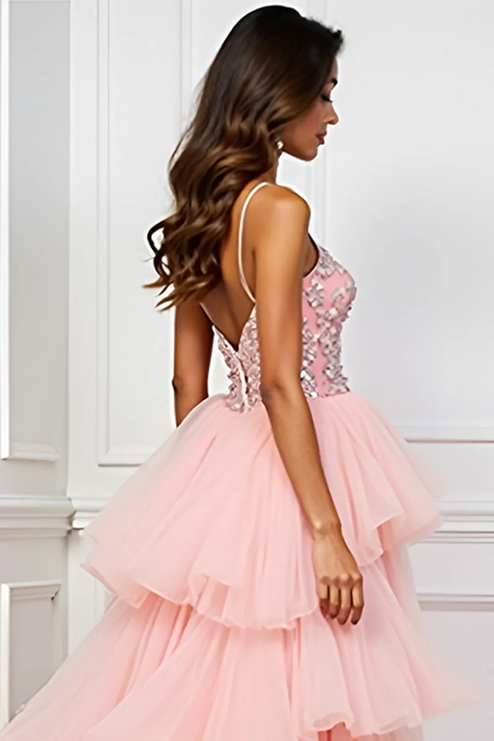 Blush Pink A-Line Spaghetti Straps Ruffled Tulle Long Prom Dress with Appliques sold by Zapaka product image thumbnail 4