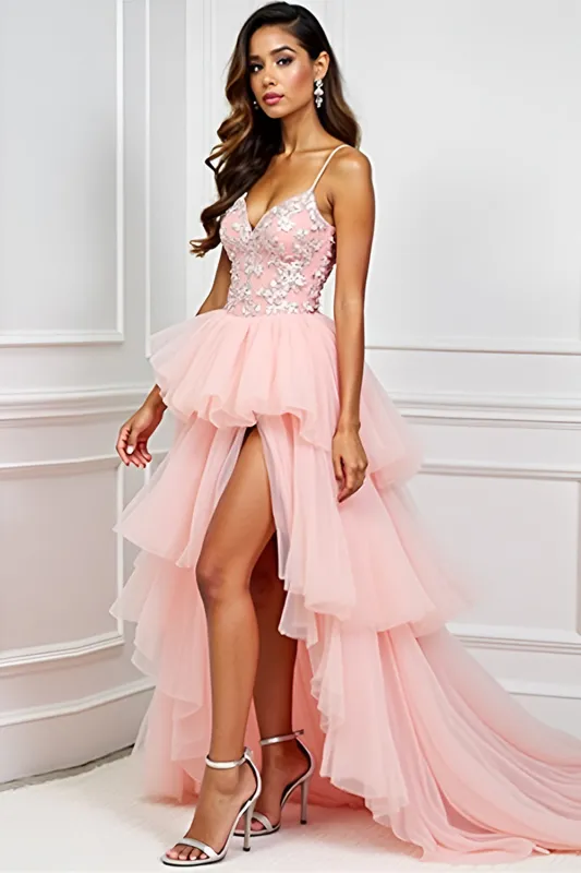 Blush Pink A-Line Spaghetti Straps Ruffled Tulle Long Prom Dress with Appliques sold by Zapaka