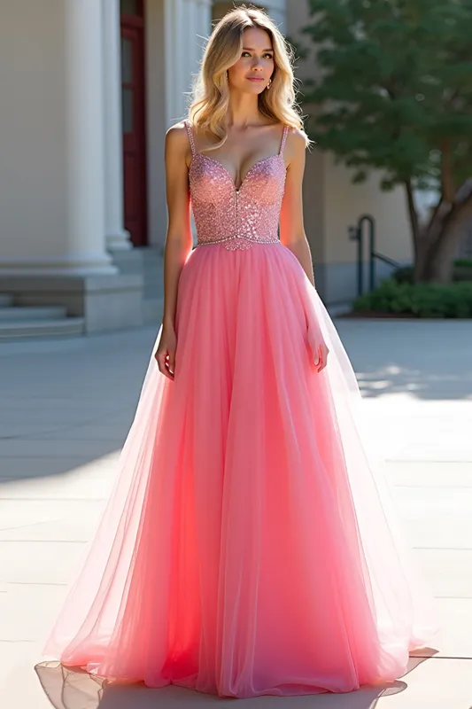 Blush Pink A-Line Sequin Tulle Prom Dress sold by Zapaka