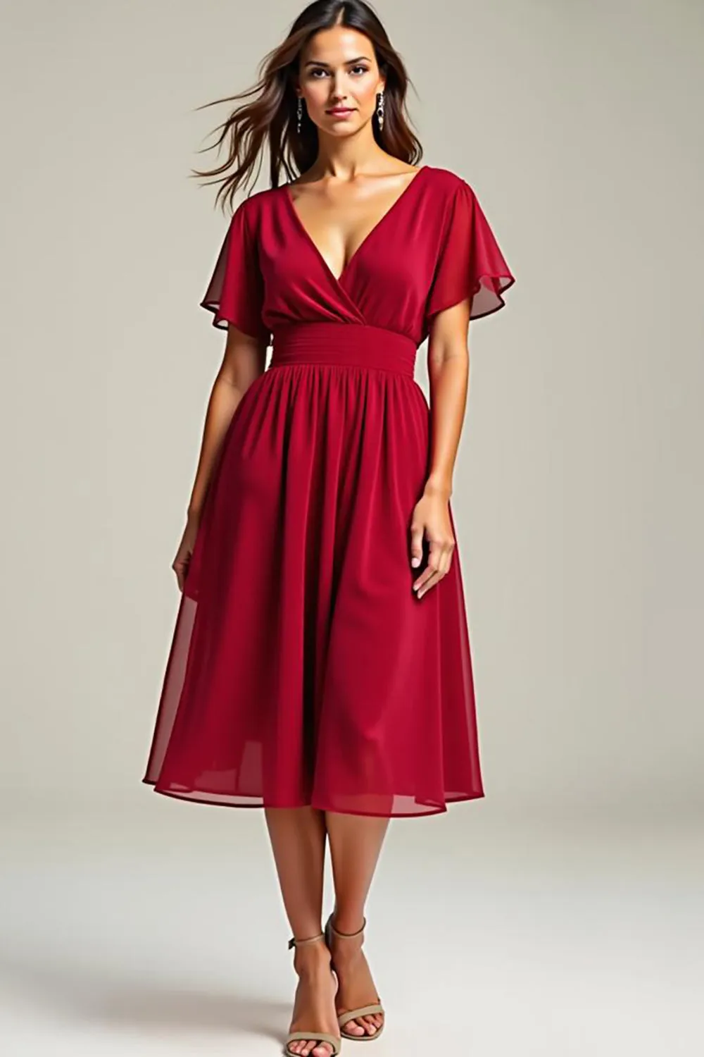Red A Line V Neck Chiffon Mother Of The Bride Dress sold by Zapaka