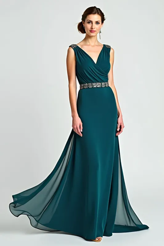 Peacock Sheath Wrap V Neck Chiffon Long Mother of the Bride Dress with Beading sold by Zapaka