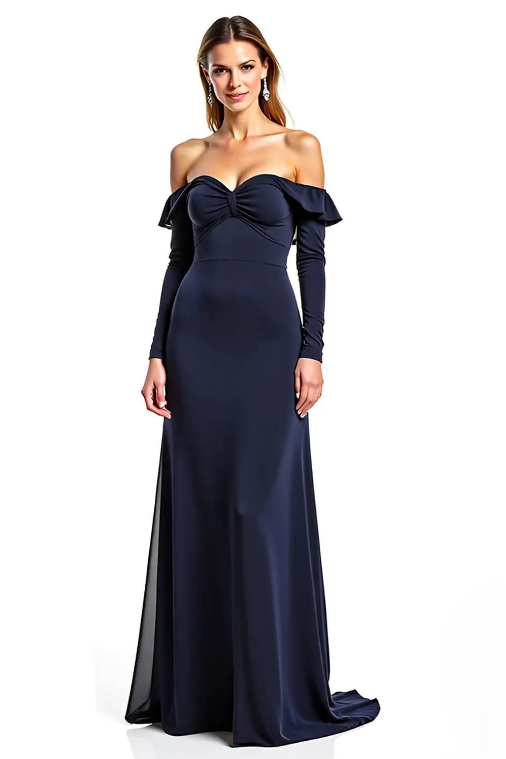 Navy Sheath Ruffled Off the Shoulder Long Sleeves Mother of the Bride Dress sold by Zapaka