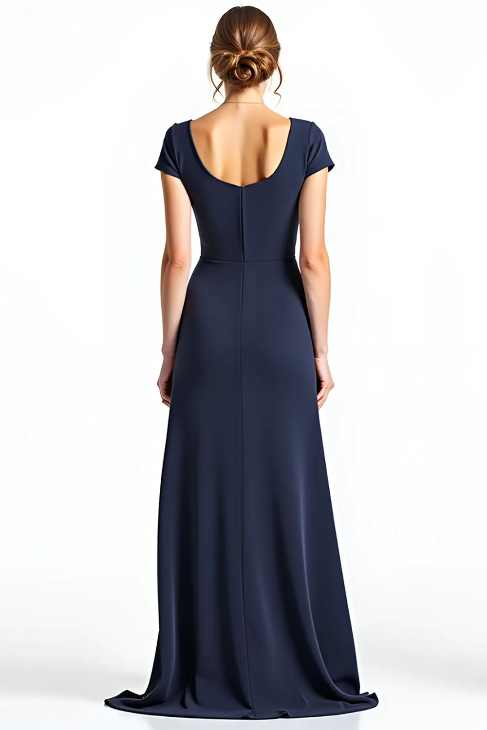Navy Sheath Square Neck Short Sleeves Long Mother of the Bride Dress with Bow sold by Zapaka product image thumbnail 2