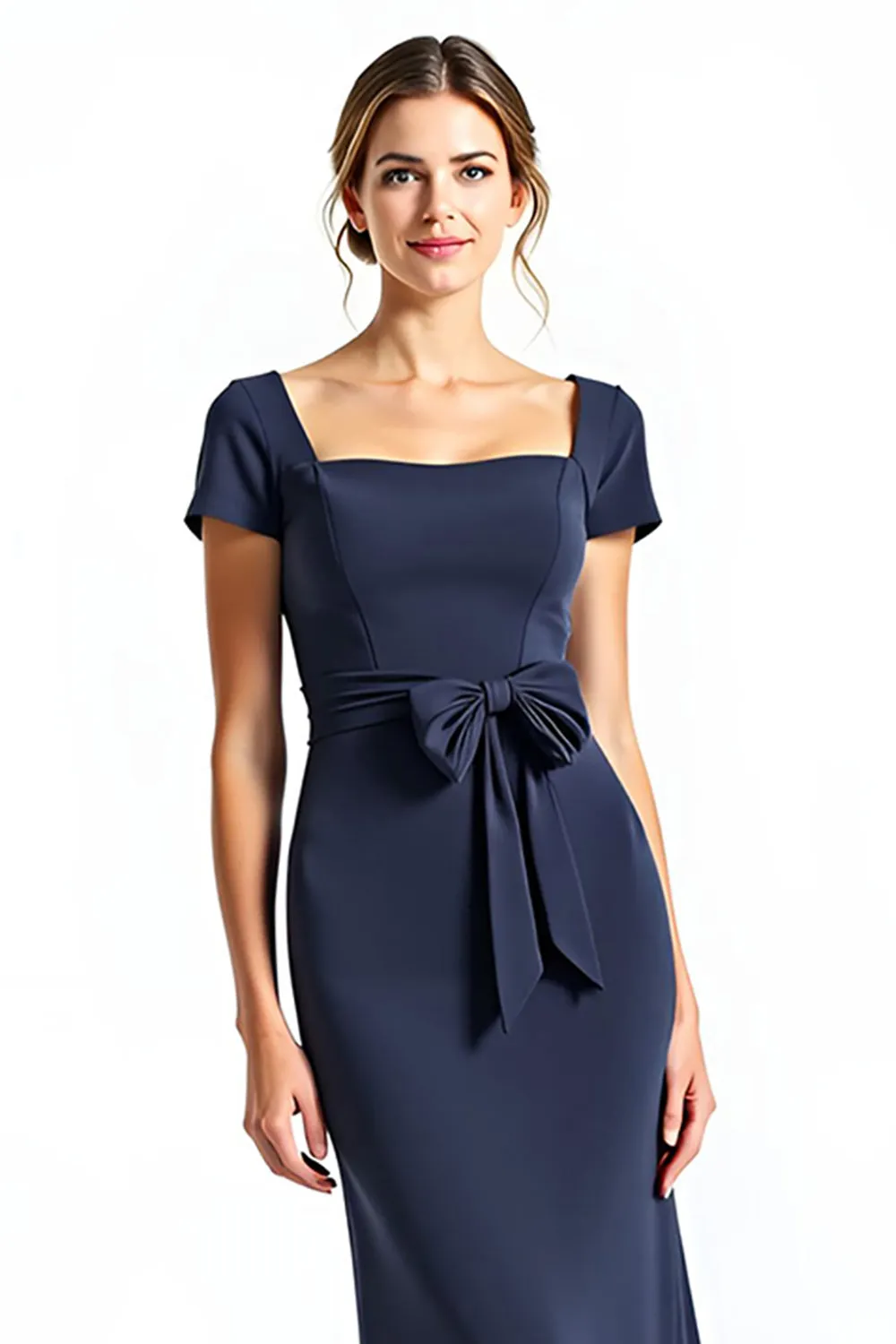 Navy Sheath Square Neck Short Sleeves Long Mother of the Bride Dress with Bow sold by Zapaka product image thumbnail 3