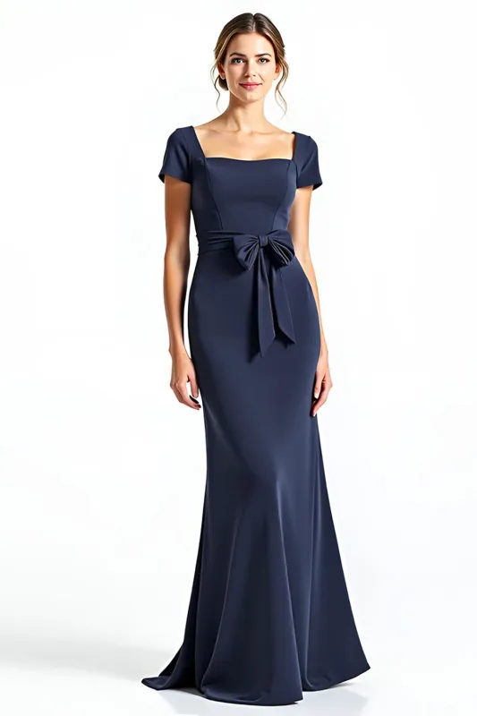 Navy Sheath Square Neck Short Sleeves Long Mother of the Bride Dress with Bow sold by Zapaka
