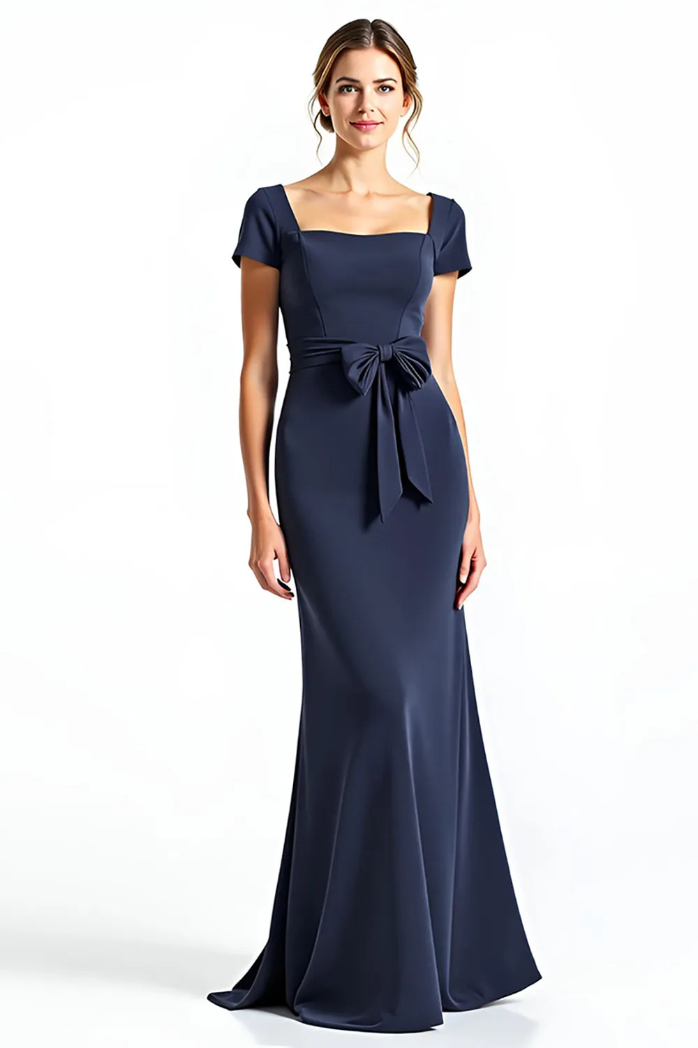 Navy Sheath Square Neck Short Sleeves Long Mother of the Bride Dress with Bow sold by Zapaka
