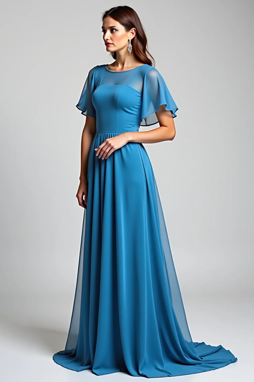Blue A Line Ruffle Sleeve Long Chiffon Mother Of The Bride Dress sold by Zapaka