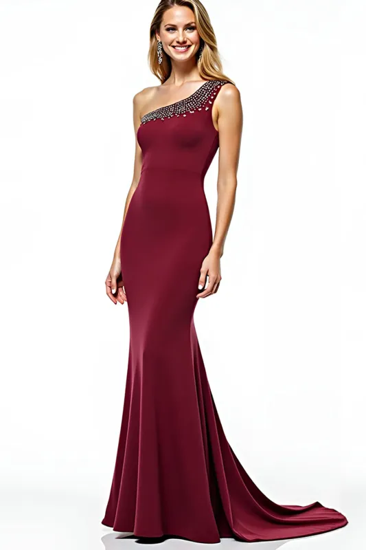Glitter Burgundy Mermaid One Shoulder Long Mother of the Bride Dress with Beading sold by Zapaka