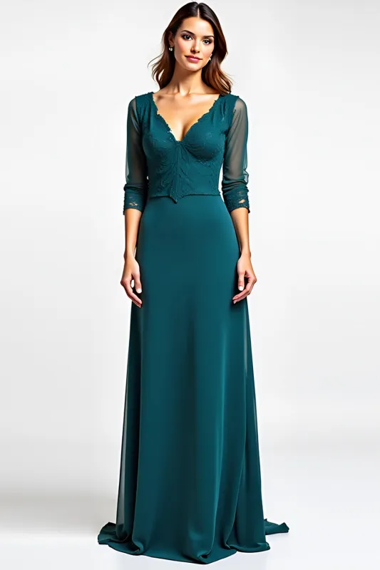 Peacock A Line V-Neck Chiffon Lace Mother of the Bride Dress sold by Zapaka