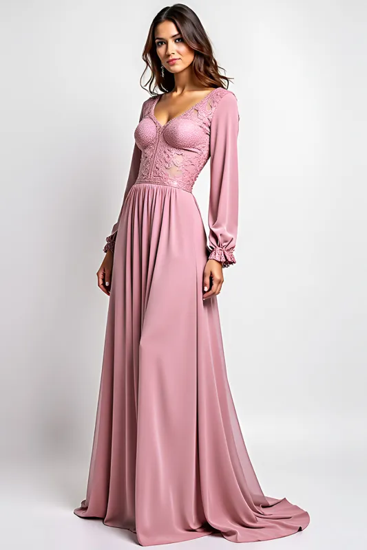 Dusty Rose A Line V-Neck Chiffon Lace Mother of the Bride Dress sold by Zapaka