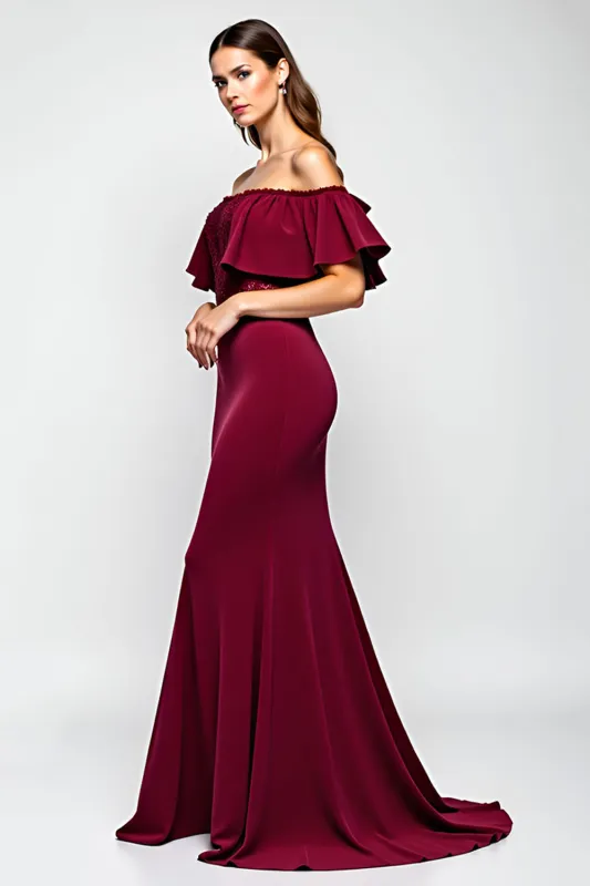 Burgundy Mermaid Ruffle Off the Shoulder Satin Long Formal Dress with Lace sold by Zapaka