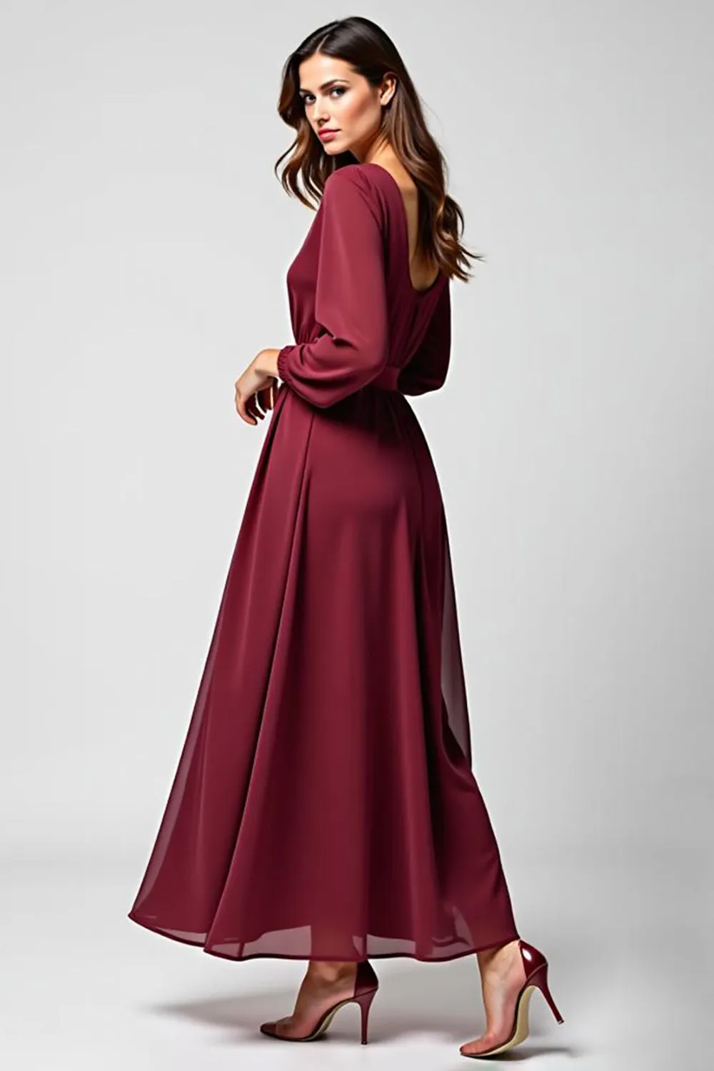 A Line Burgundy Chiffon Mother of the Bride Dress with Long Sleeves sold by Zapaka product image thumbnail 3