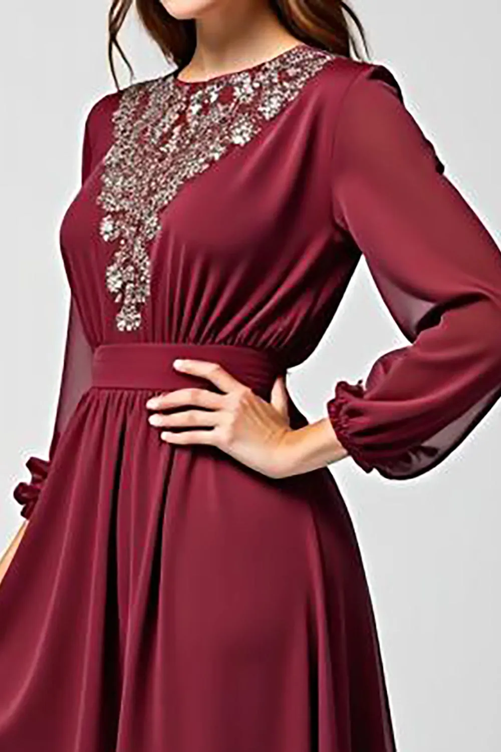 A Line Burgundy Chiffon Mother of the Bride Dress with Long Sleeves sold by Zapaka product image thumbnail 4
