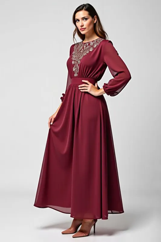 A Line Burgundy Chiffon Mother of the Bride Dress with Long Sleeves sold by Zapaka