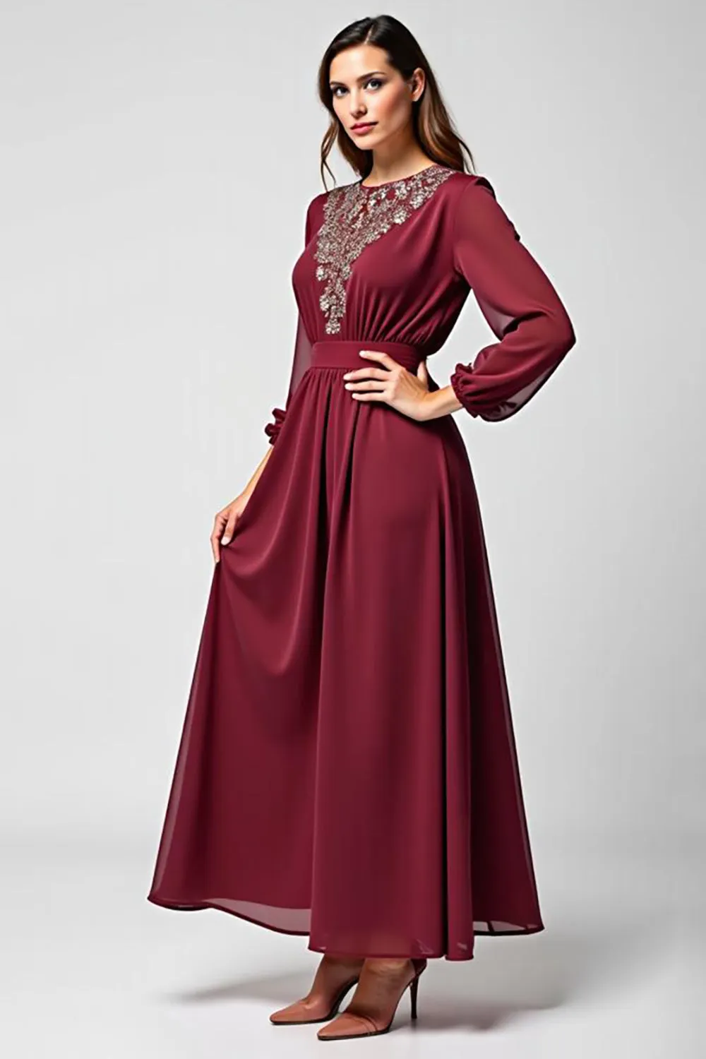 A Line Burgundy Chiffon Mother of the Bride Dress with Long Sleeves sold by Zapaka