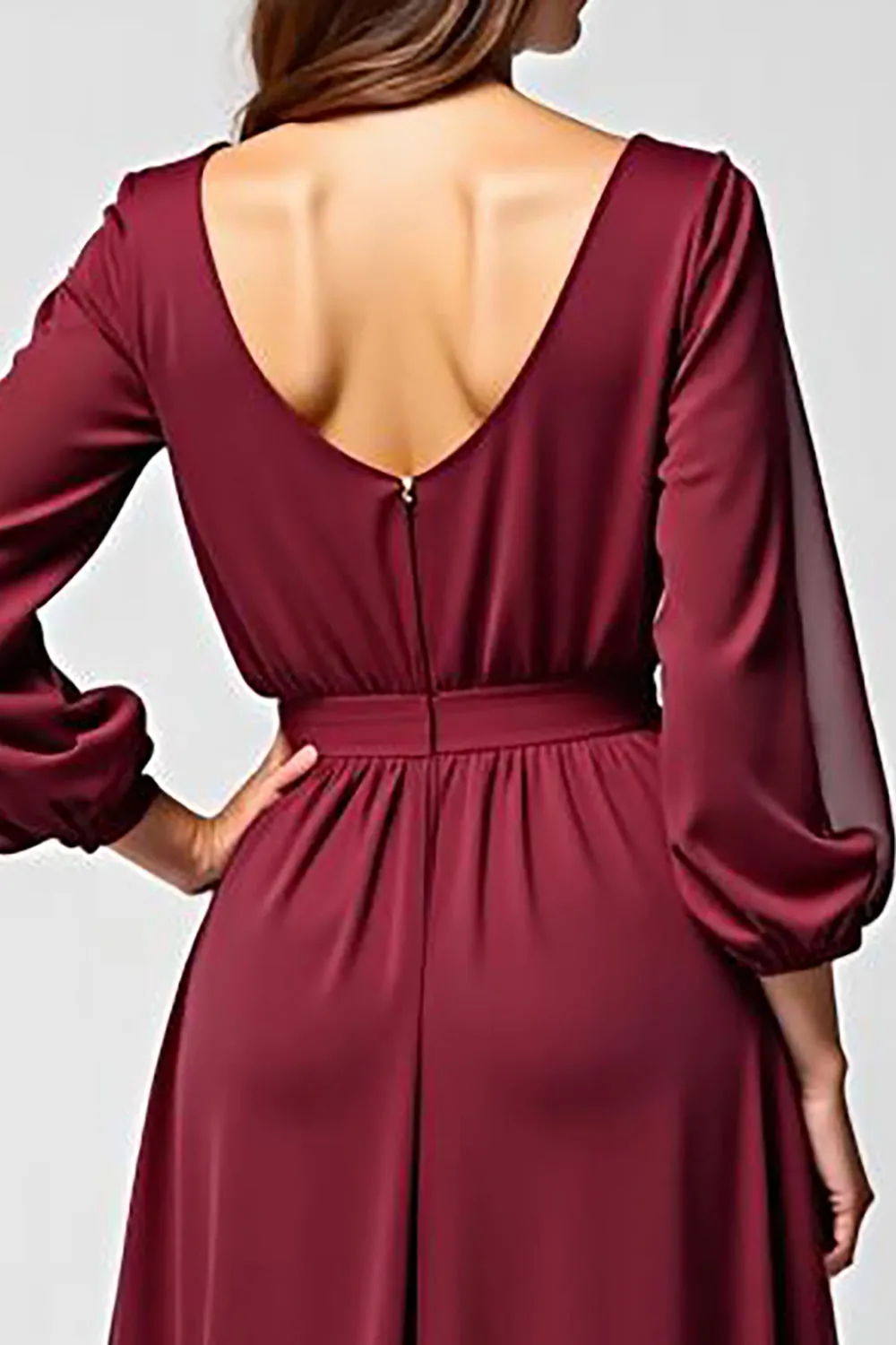 A Line Burgundy Chiffon Mother of the Bride Dress with Long Sleeves sold by Zapaka product image thumbnail 5