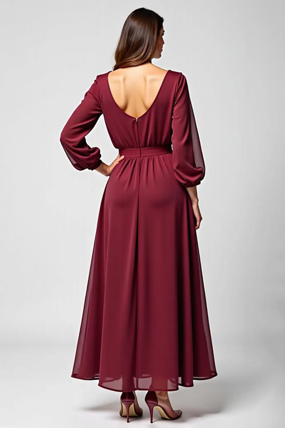 A Line Burgundy Chiffon Mother of the Bride Dress with Long Sleeves sold by Zapaka product image thumbnail 2