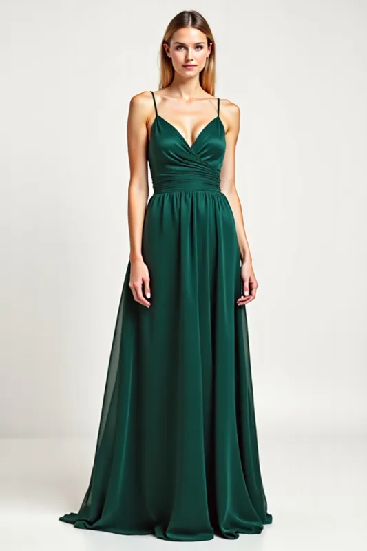 Pine Satin Spaghetti Straps Long Bridesmaid Dress sold by Zapaka