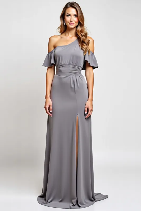 Off The Shoulder Grey Ruffled Sheath Bridesmaid Dress sold by Zapaka