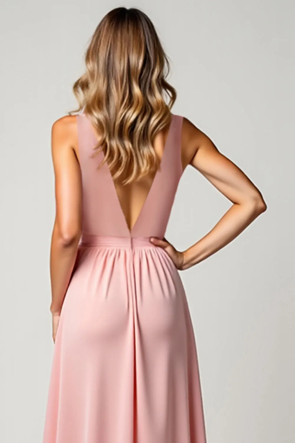 A Line Blush Pink Deep V-Neck Chiffon Bridesmaid Dress sold by Zapaka product image thumbnail 4