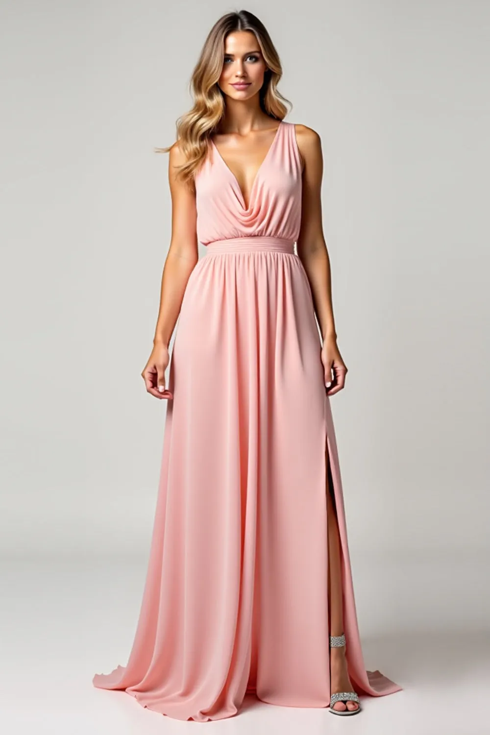A Line Blush Pink Deep V-Neck Chiffon Bridesmaid Dress sold by Zapaka