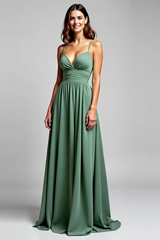 A Line Chiffon Eucalyptus Ruched Spaghetti Straps Bridesmaid Dress sold by Zapaka