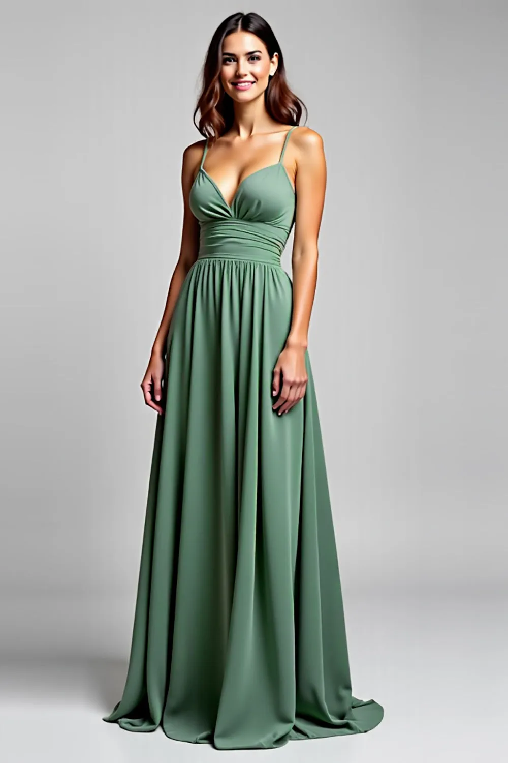 A Line Chiffon Eucalyptus Ruched Spaghetti Straps Bridesmaid Dress sold by Zapaka