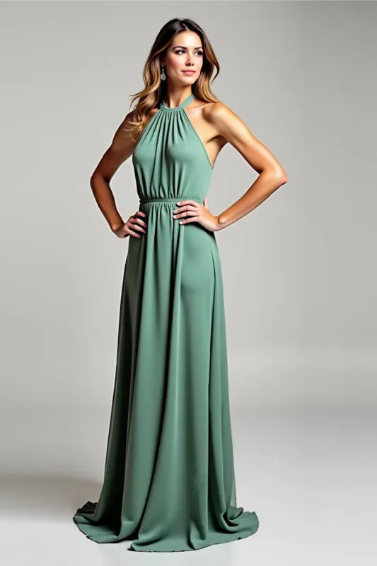 Halter Chiffon A Line Eucalyptus Long Bridesmaid Dress sold by Zapaka
