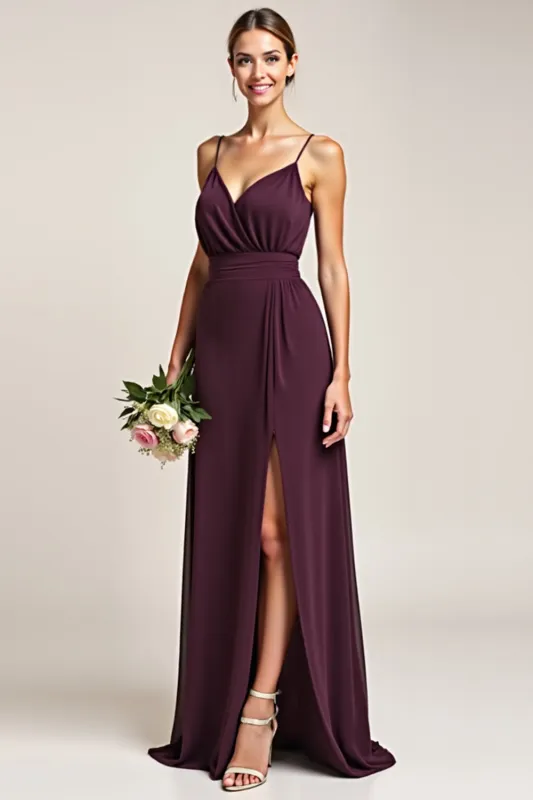 A Line Ruched Purple Bridesmaid Dress with Slit sold by Zapaka