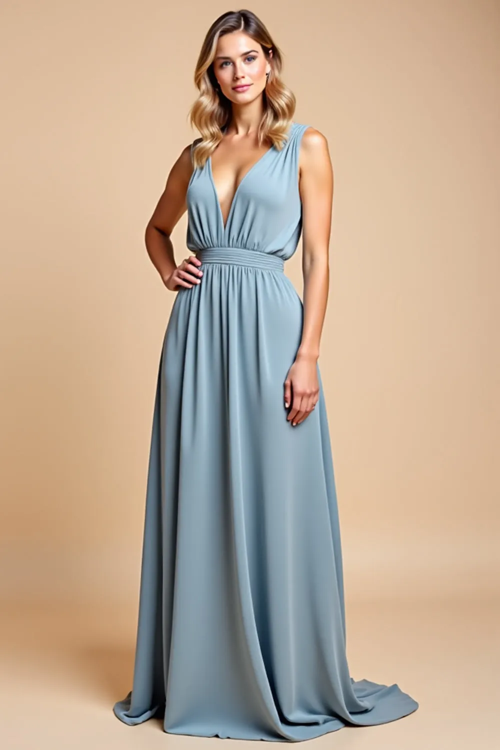 Dusty Blue Deep V Neck Chiffon A Line Bridesmaid Dress sold by Zapaka product image thumbnail 3