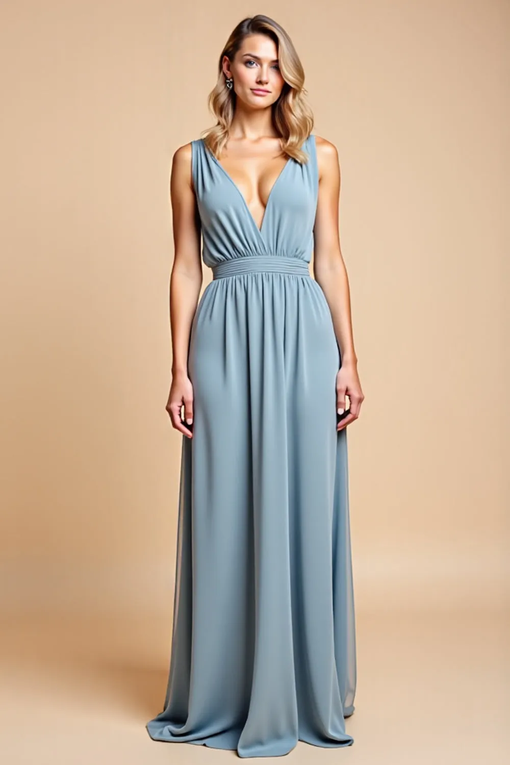 Dusty Blue Deep V Neck Chiffon A Line Bridesmaid Dress sold by Zapaka
