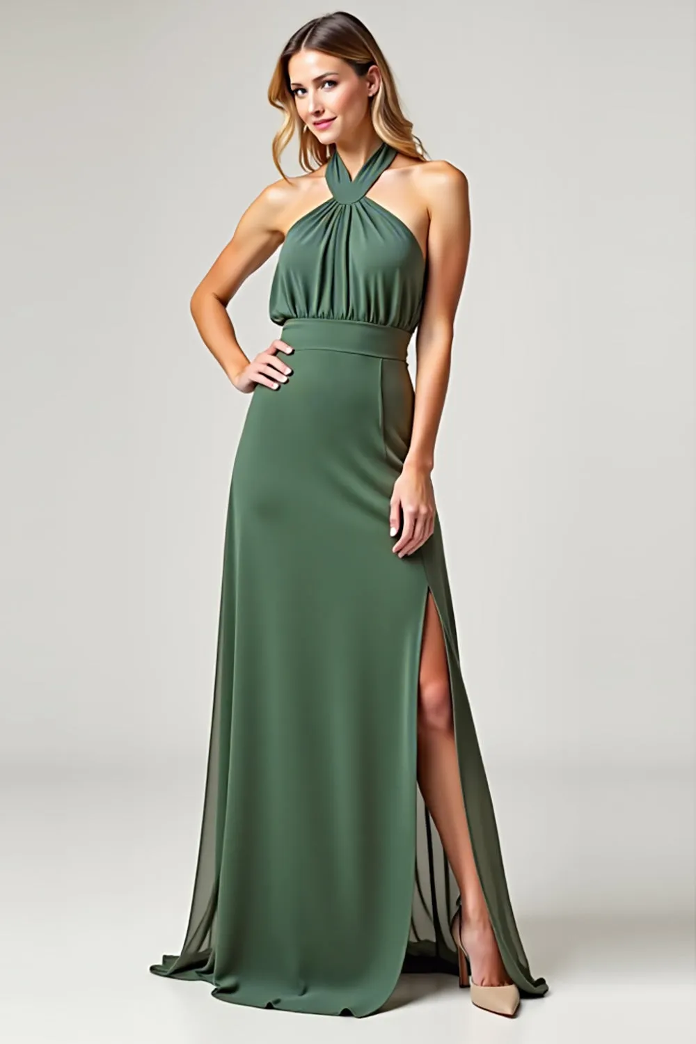 Halter A Line Chiffon Eucalyptus Bridesmaid Dress with Slit sold by Zapaka