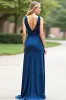 Blue Spaghetti Straps Satin A Line Long Bridesmaid Dress sold by Zapaka