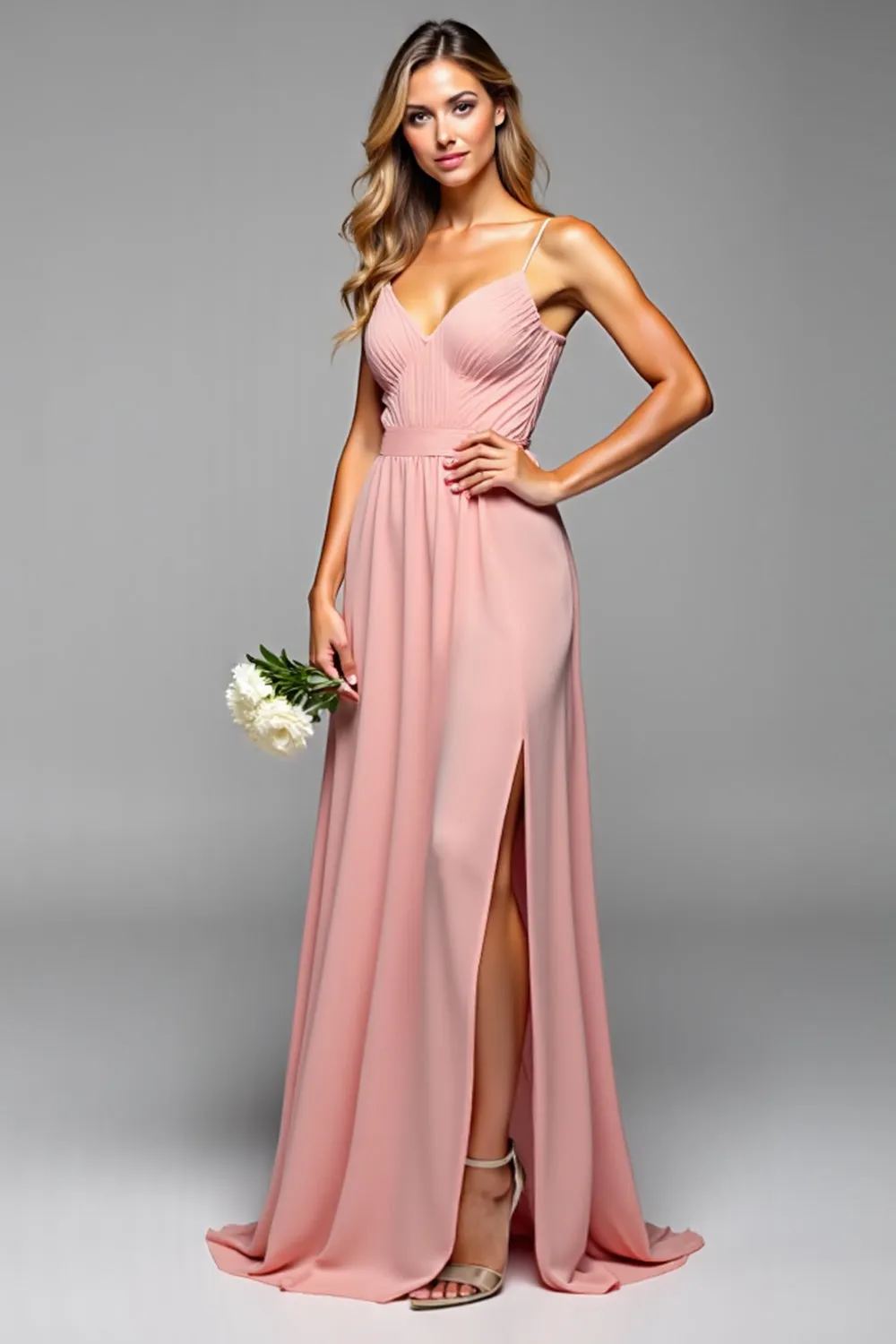 A Line Spaghetti Straps Pleated Blush Long Bridesmaid Dress sold by Zapaka