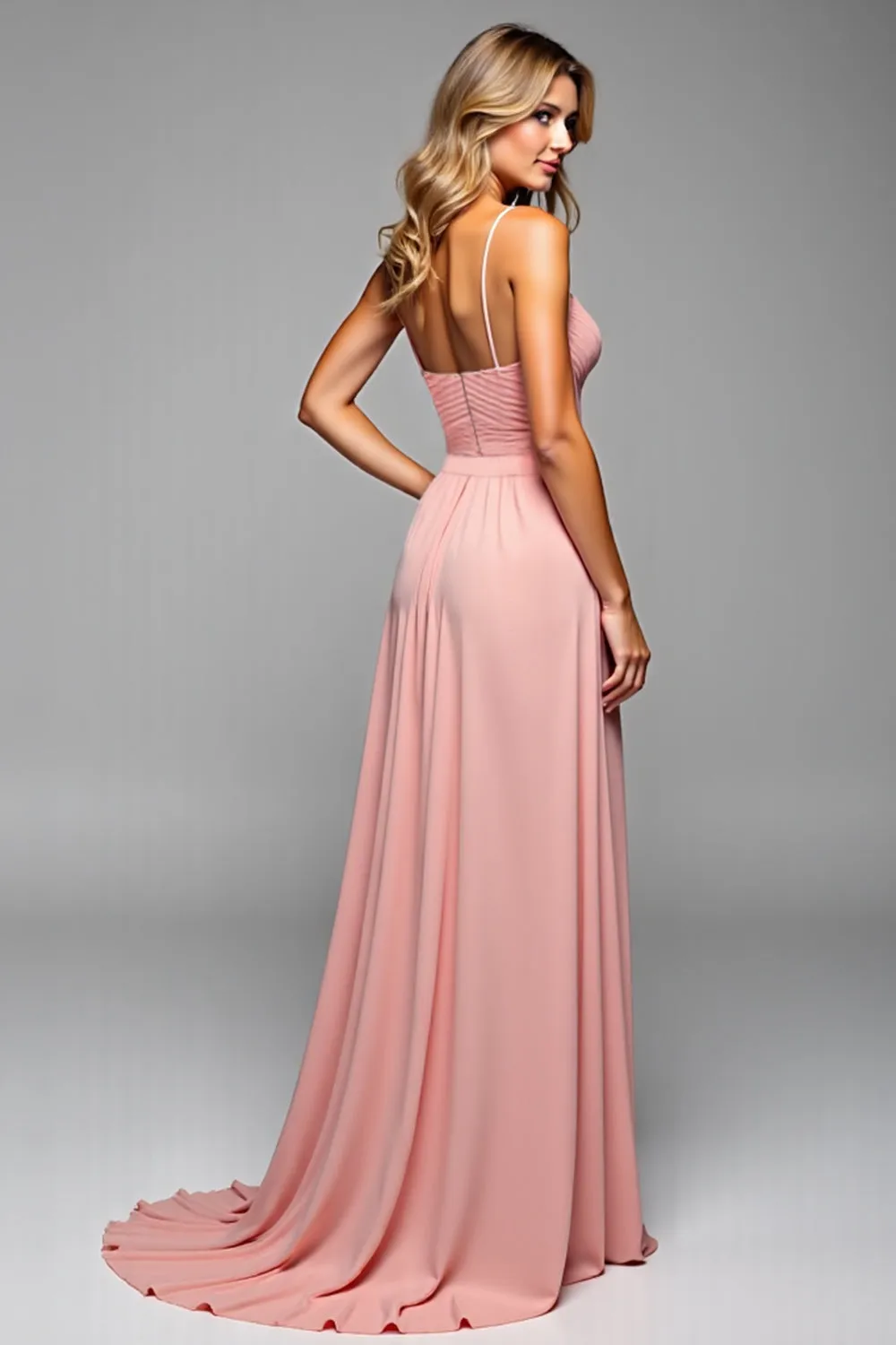 A Line Spaghetti Straps Pleated Blush Long Bridesmaid Dress sold by Zapaka product image thumbnail 2