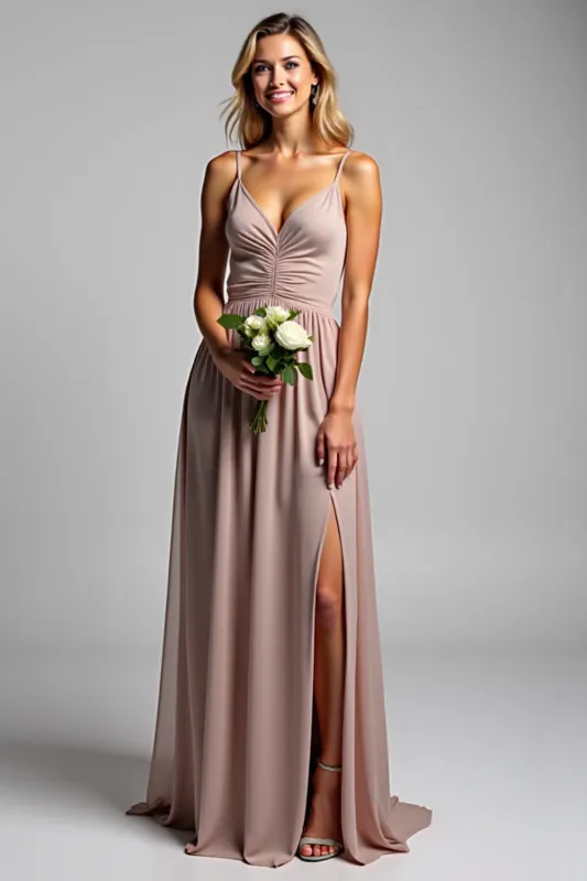 A Line Spaghetti Straps Dusty Rose Ruched Long Bridesmaid Dress sold by Zapaka
