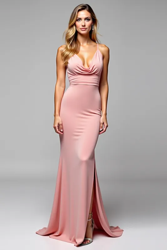 Mermaid Blush Spaghetti Straps Ruched Long Bridesmaid Dress with Slit sold by Zapaka