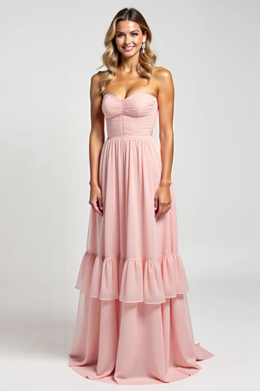 A Line Strapless Ruffles Blush Chiffon Long Bridesmaid Dress sold by Zapaka