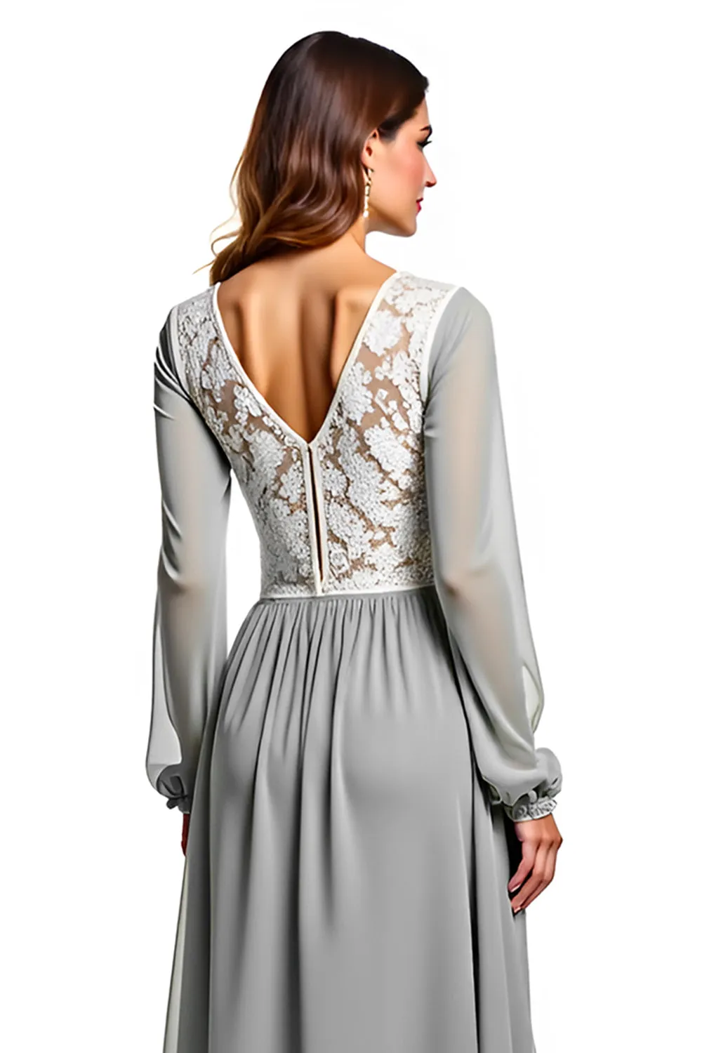 Silver Ivory V Neck Long Sleeve Chiffon Long Bridesmaid Dress sold by Zapaka product image thumbnail 4