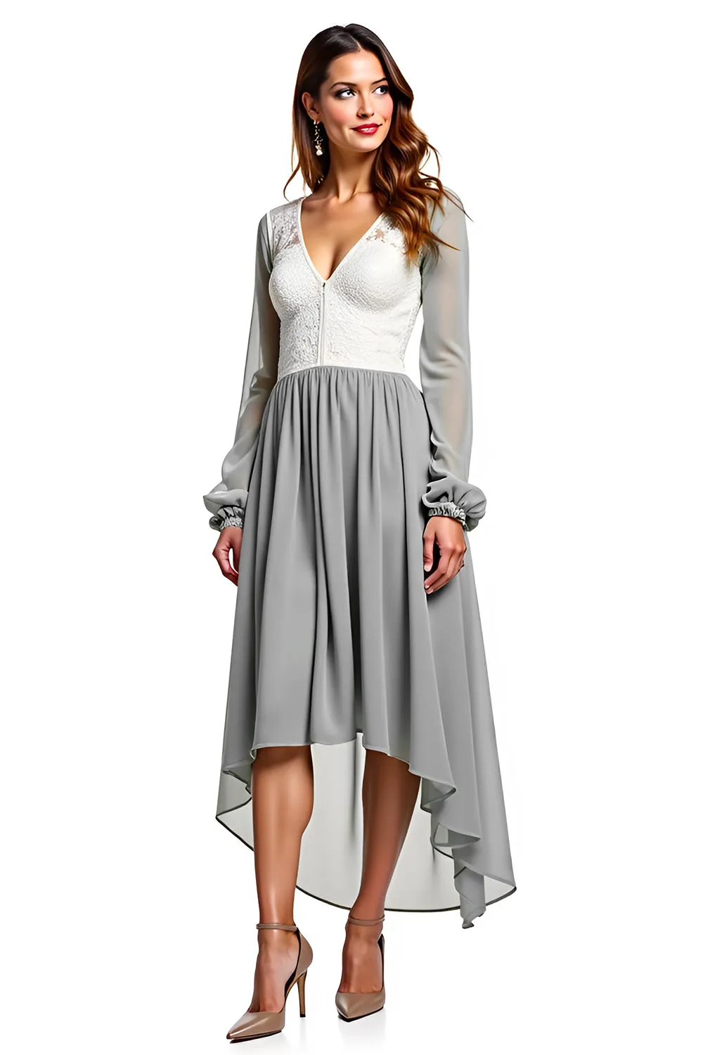 Silver Ivory V Neck Long Sleeve Chiffon Long Bridesmaid Dress sold by Zapaka