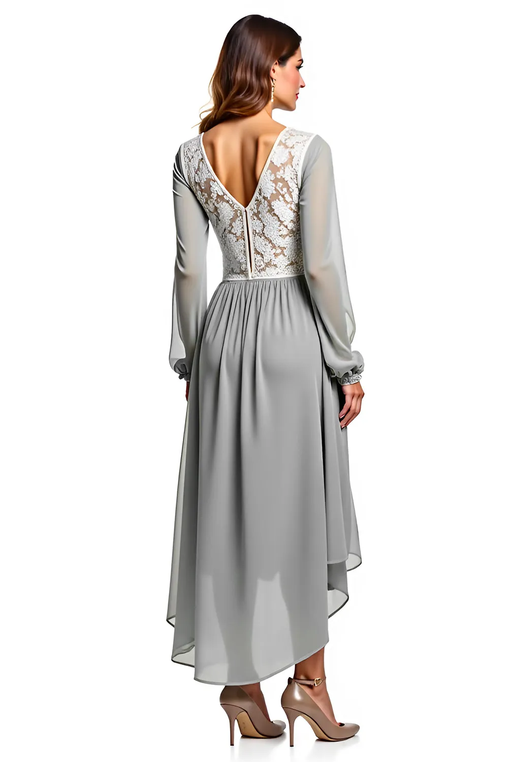 Silver Ivory V Neck Long Sleeve Chiffon Long Bridesmaid Dress sold by Zapaka product image thumbnail 2