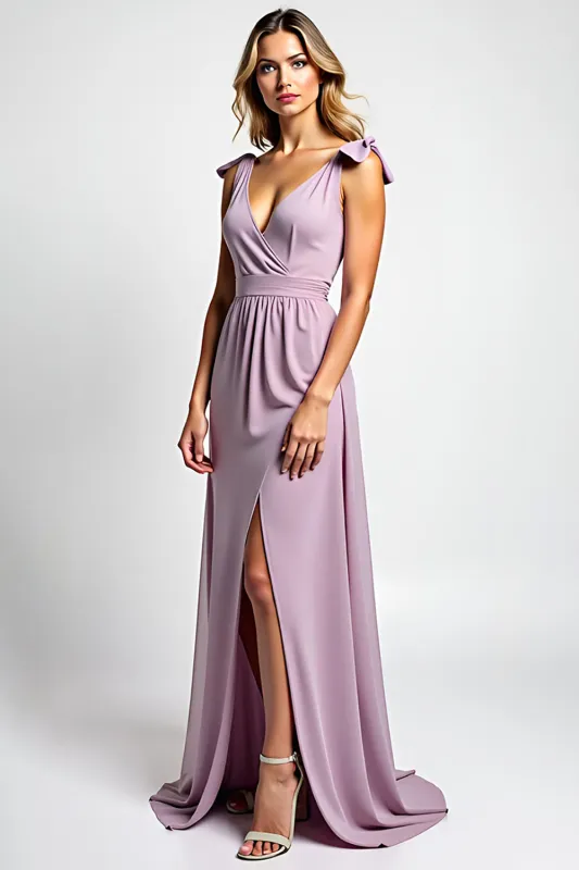 V-Neck A Line Lilac Chiffon Long Bridesmaid Dress with Slit sold by Zapaka