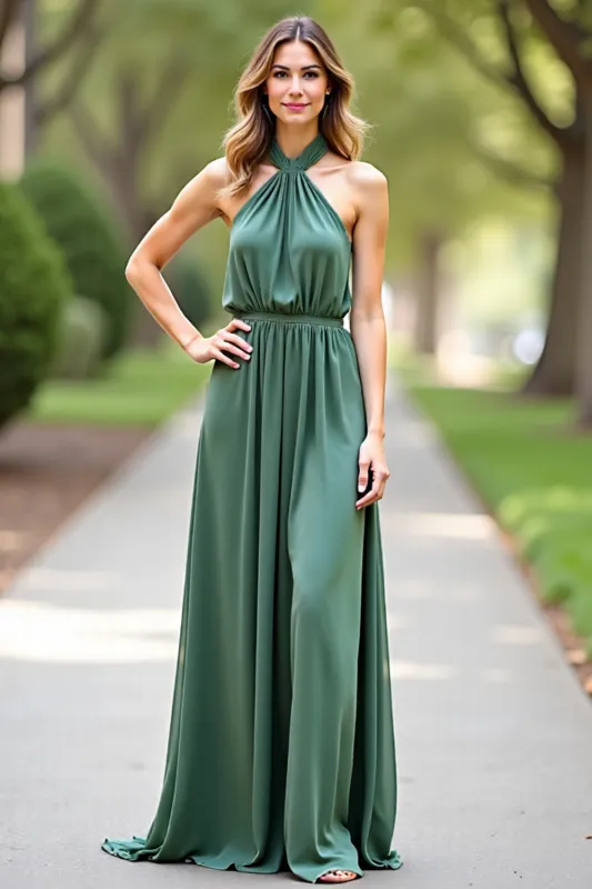 Halter A Line Backless Eucalyptus Bridesmaid Dress sold by Zapaka