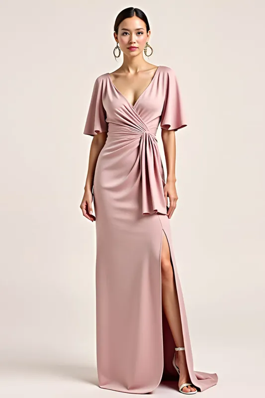 Dusty Rose V-Neck Satin Half Sleeves Long Bridesmaid Dress with Slit sold by Zapaka