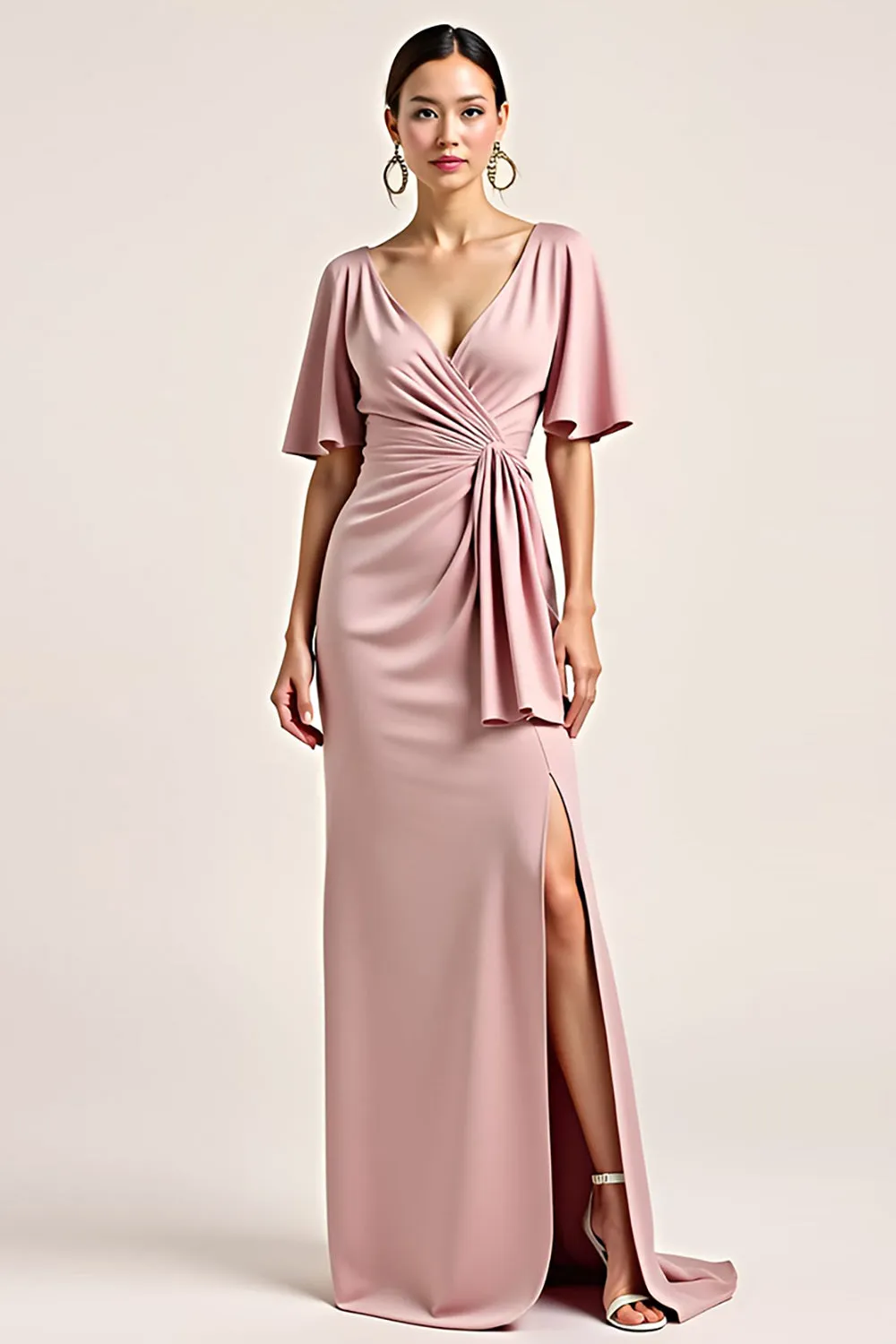 Dusty Rose V-Neck Satin Half Sleeves Long Bridesmaid Dress with Slit sold by Zapaka
